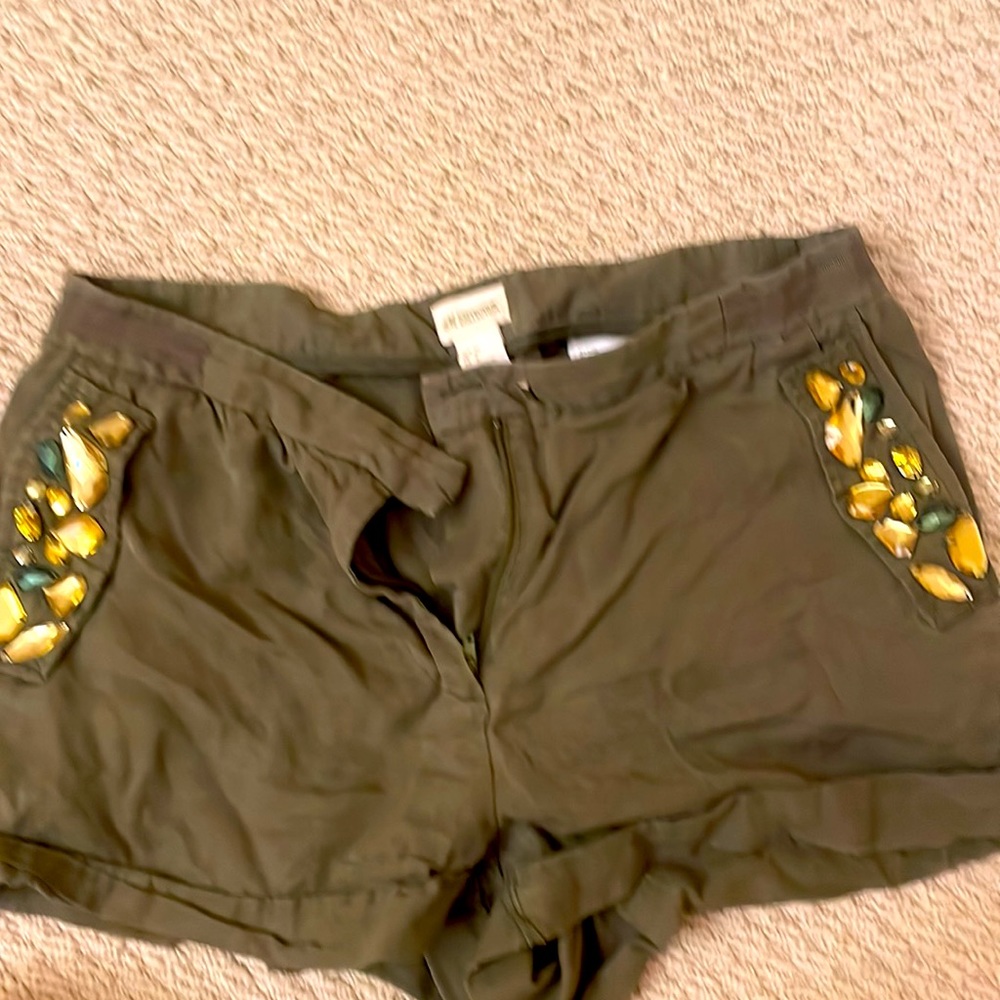 Military green mini shorts with rhinestones